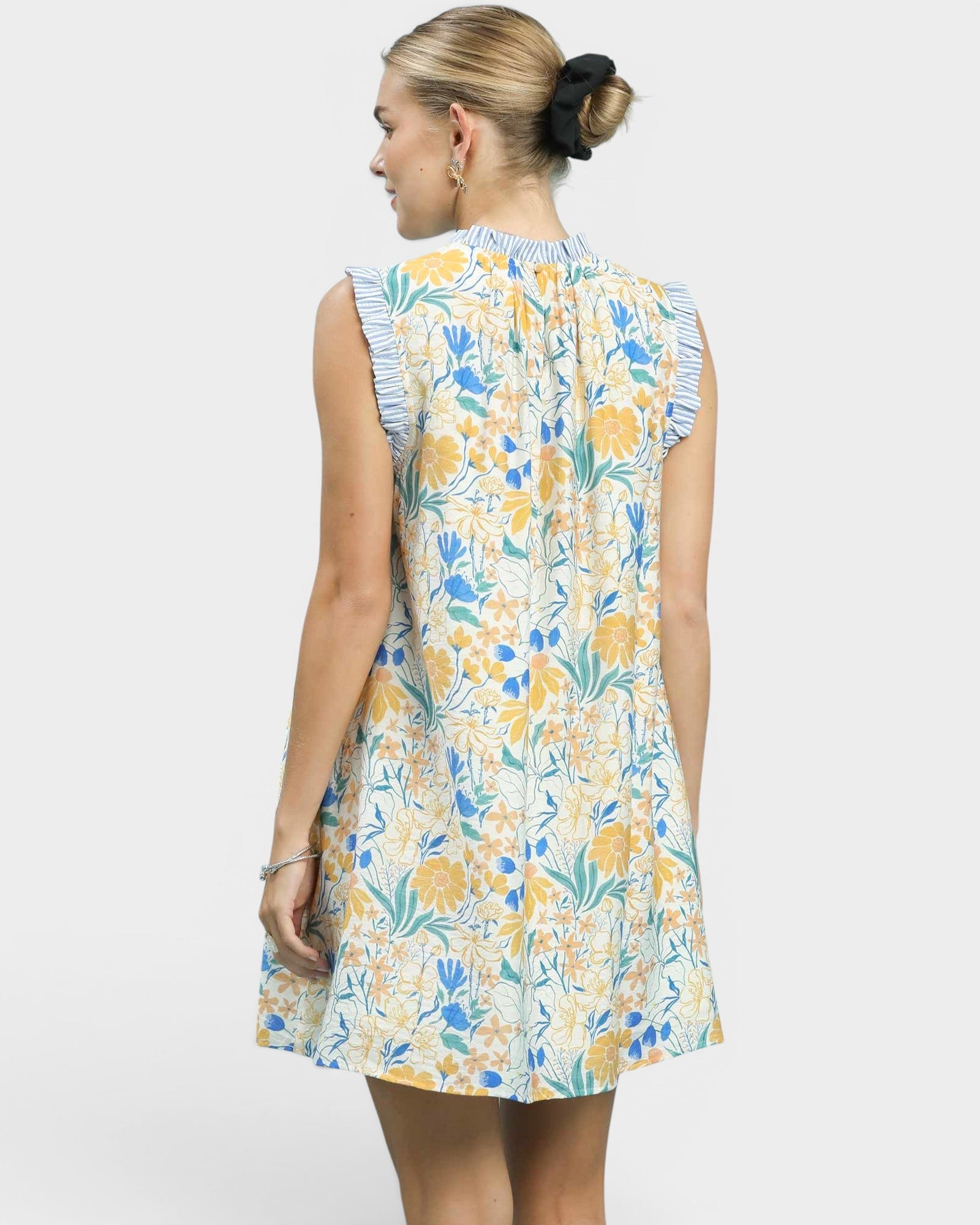 Blue Floral Ruffle Trim Shift Dress