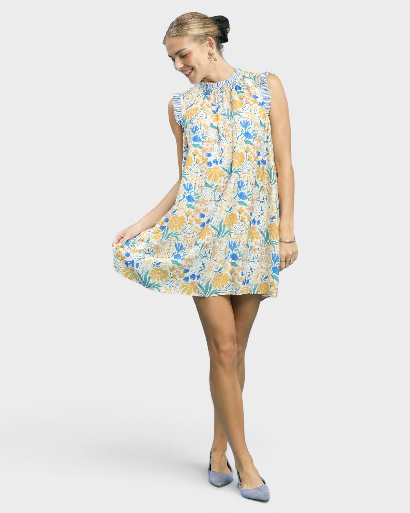 Blue Floral Ruffle Trim Shift Dress