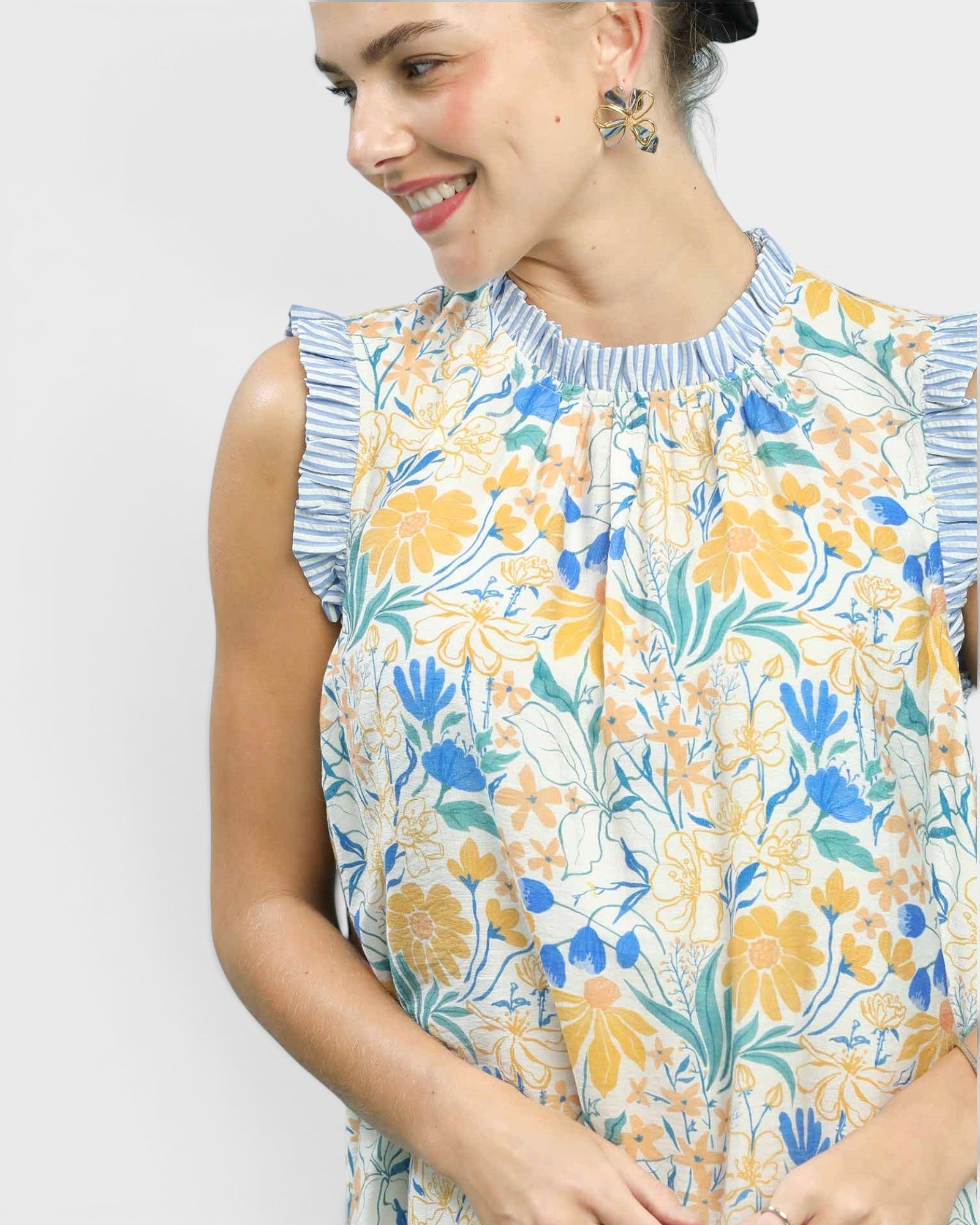 Blue Floral Ruffle Trim Shift Dress