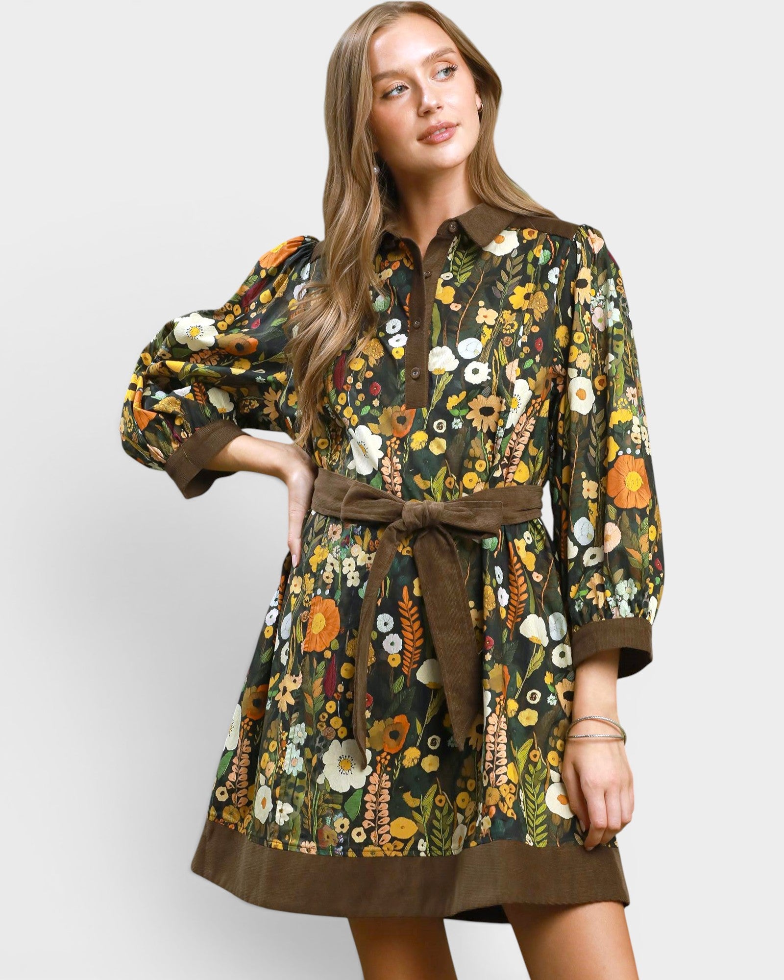 Olive Floral Corduroy-Trim Mini Dress