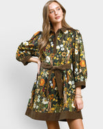Olive Floral Corduroy-Trim Mini Dress