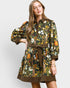 Olive Floral Corduroy-Trim Mini Dress
