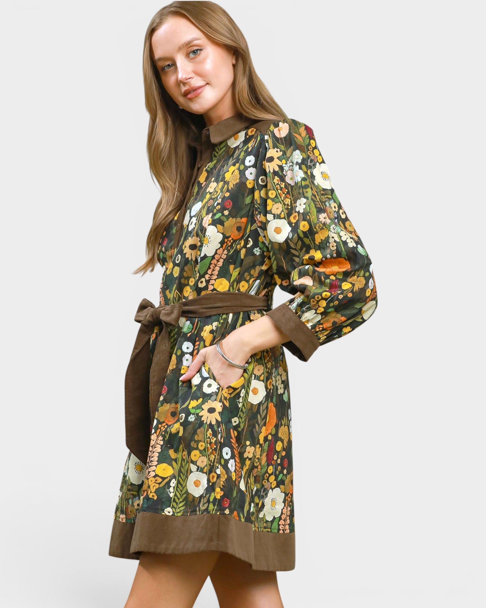 Olive Floral Corduroy-Trim Mini Dress