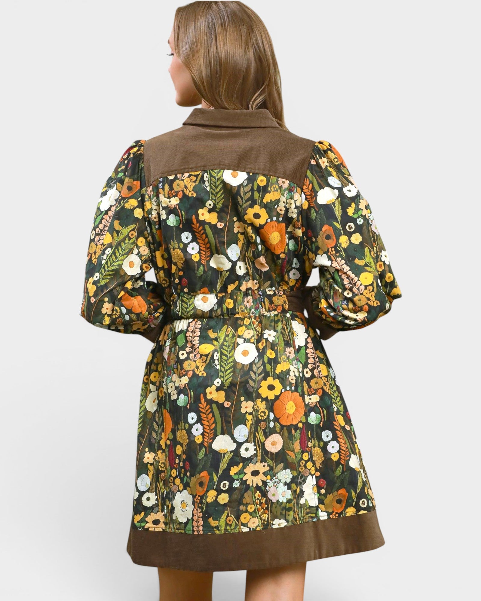 Olive Floral Corduroy-Trim Mini Dress