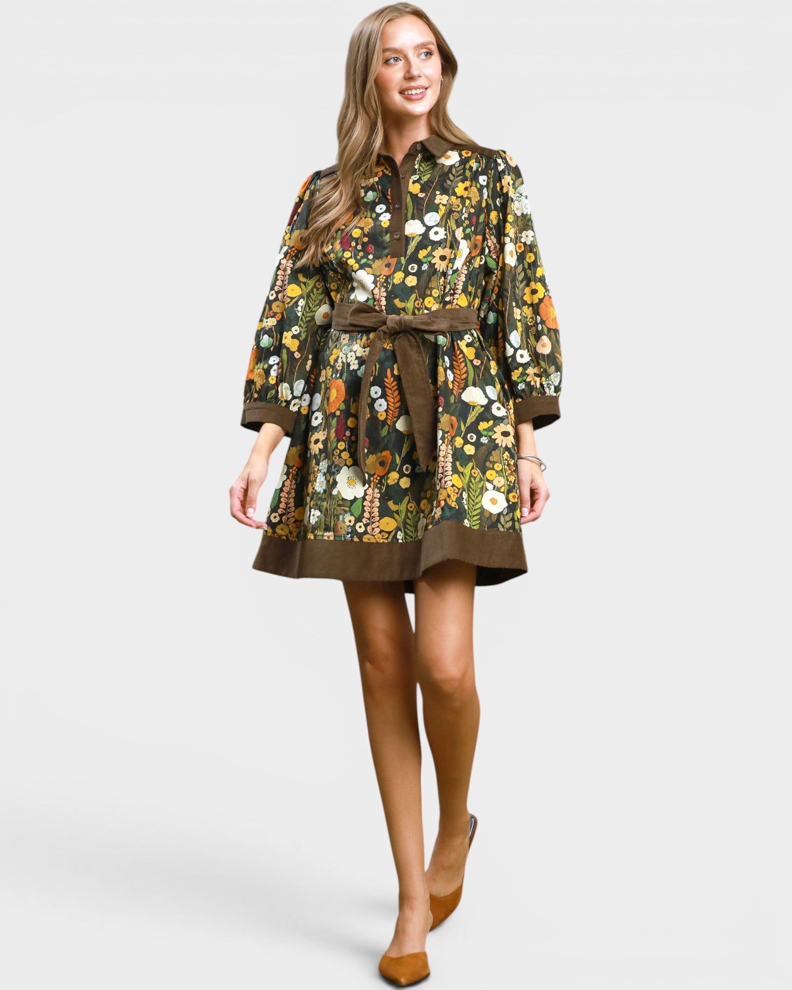 Olive Floral Corduroy-Trim Mini Dress