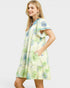 Woman wearing a floral dress on a white background