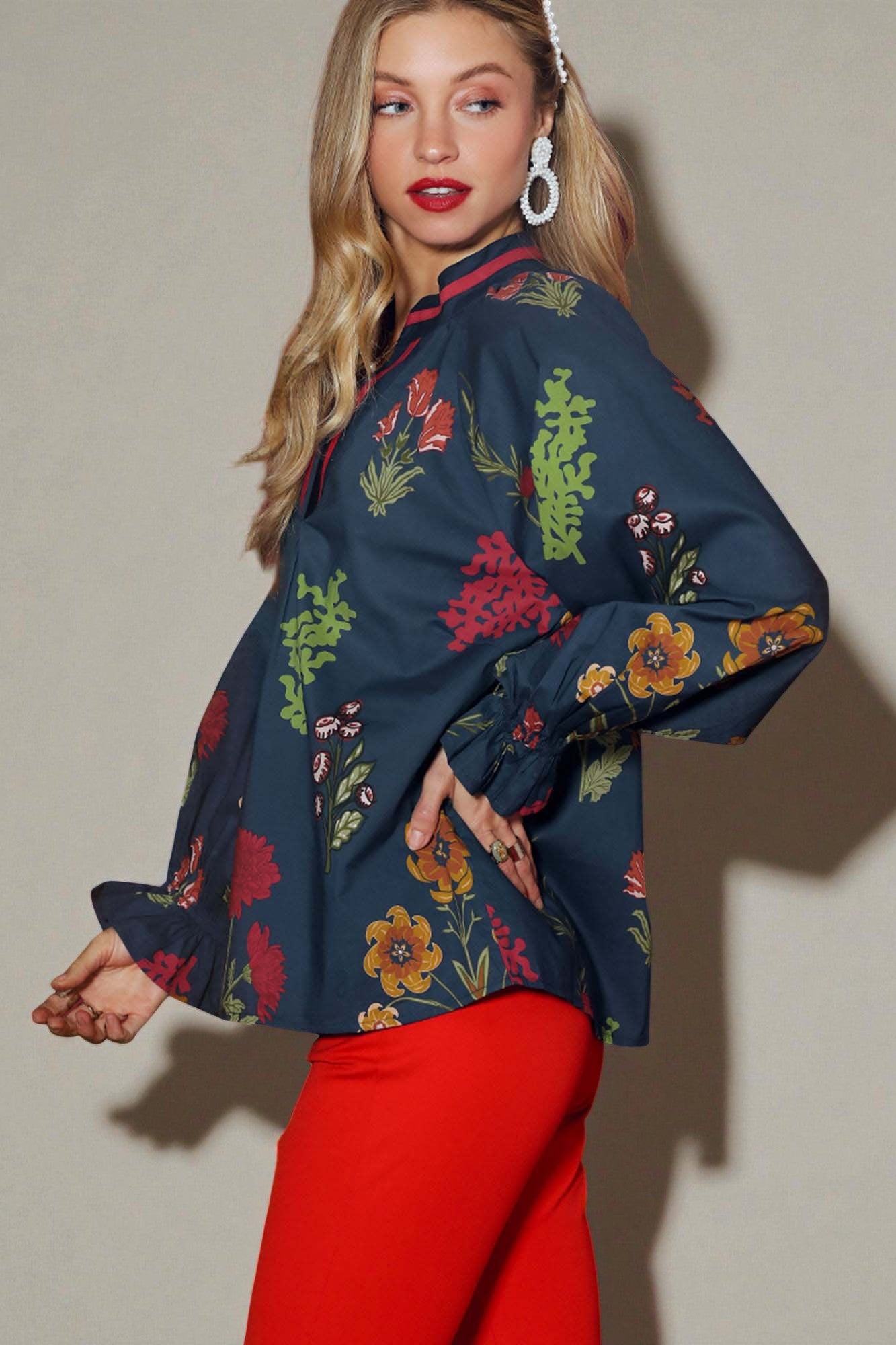 Navy Multi Floral Blouse