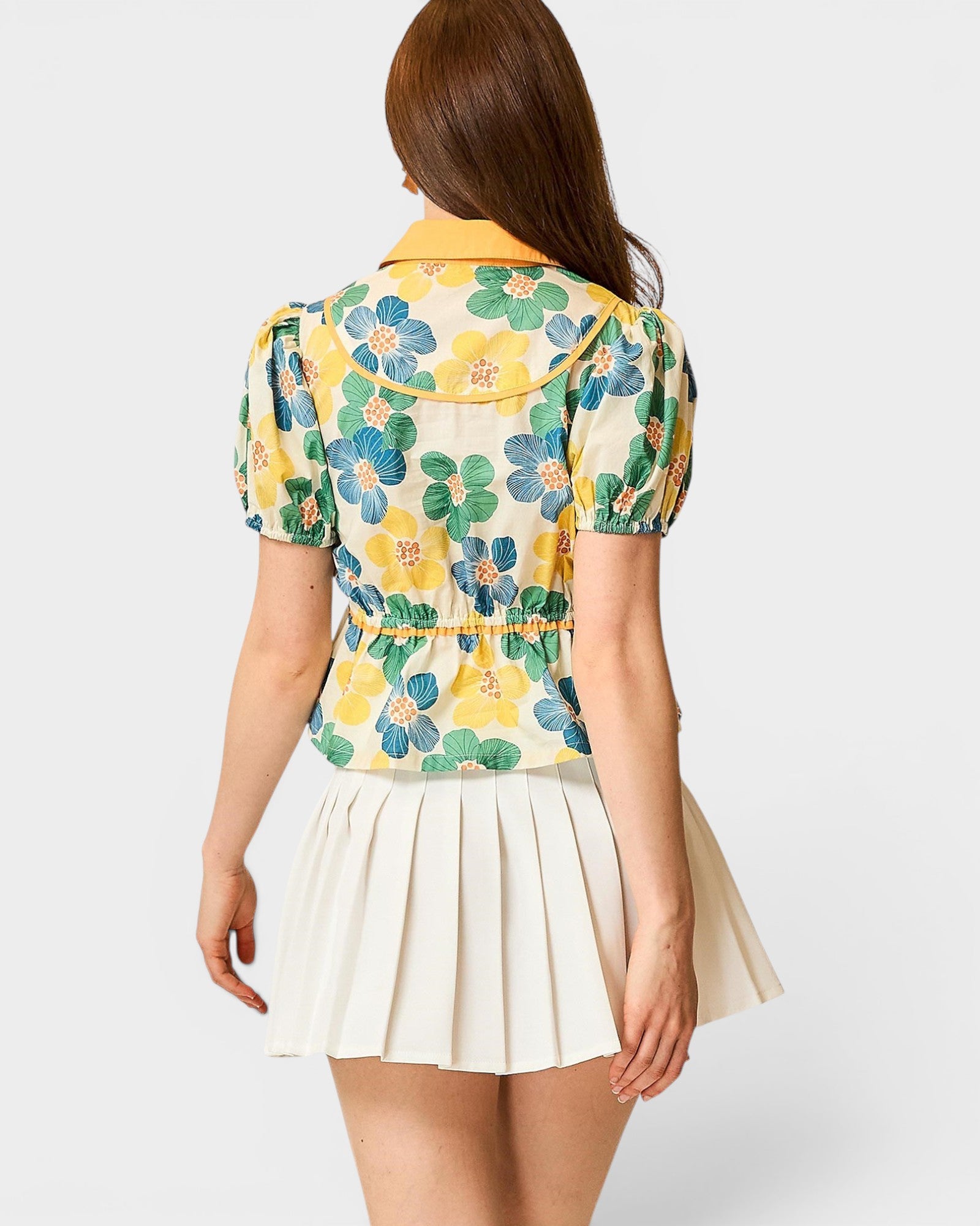 Yellow Floral Puff Sleeve Peplum Top