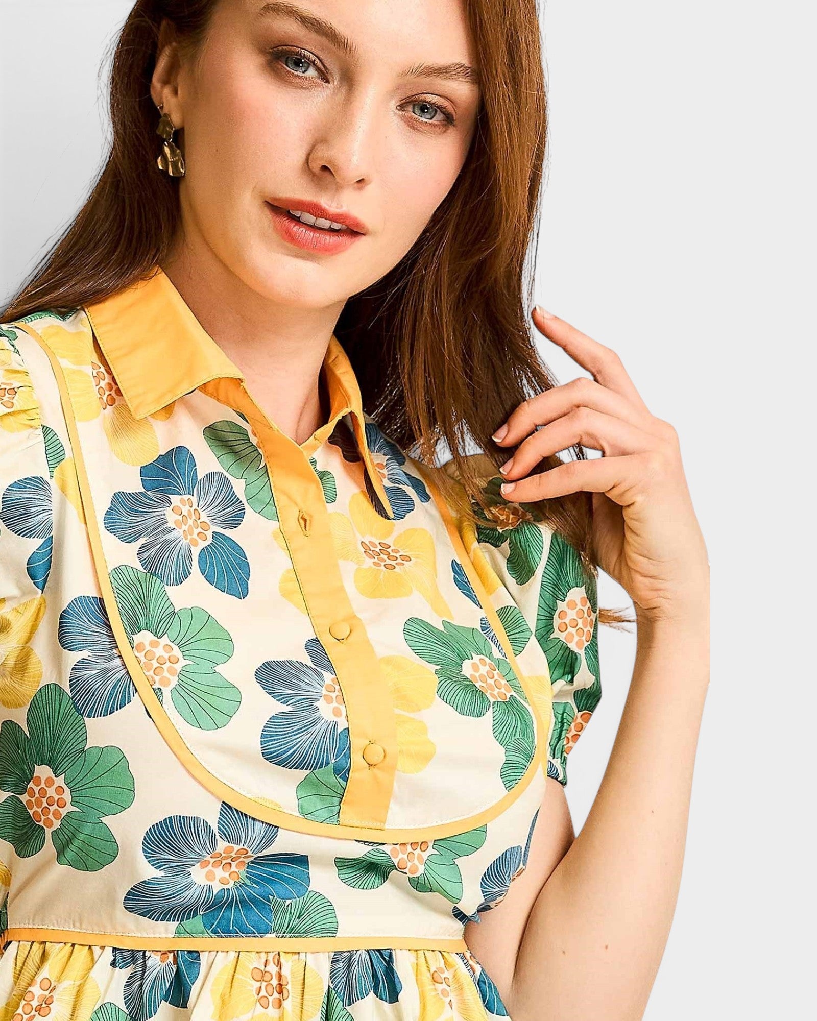 Yellow Floral Puff Sleeve Peplum Top