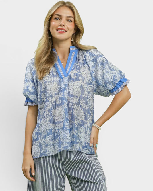 Dusty Blue Floral Puff Sleeve Blouse