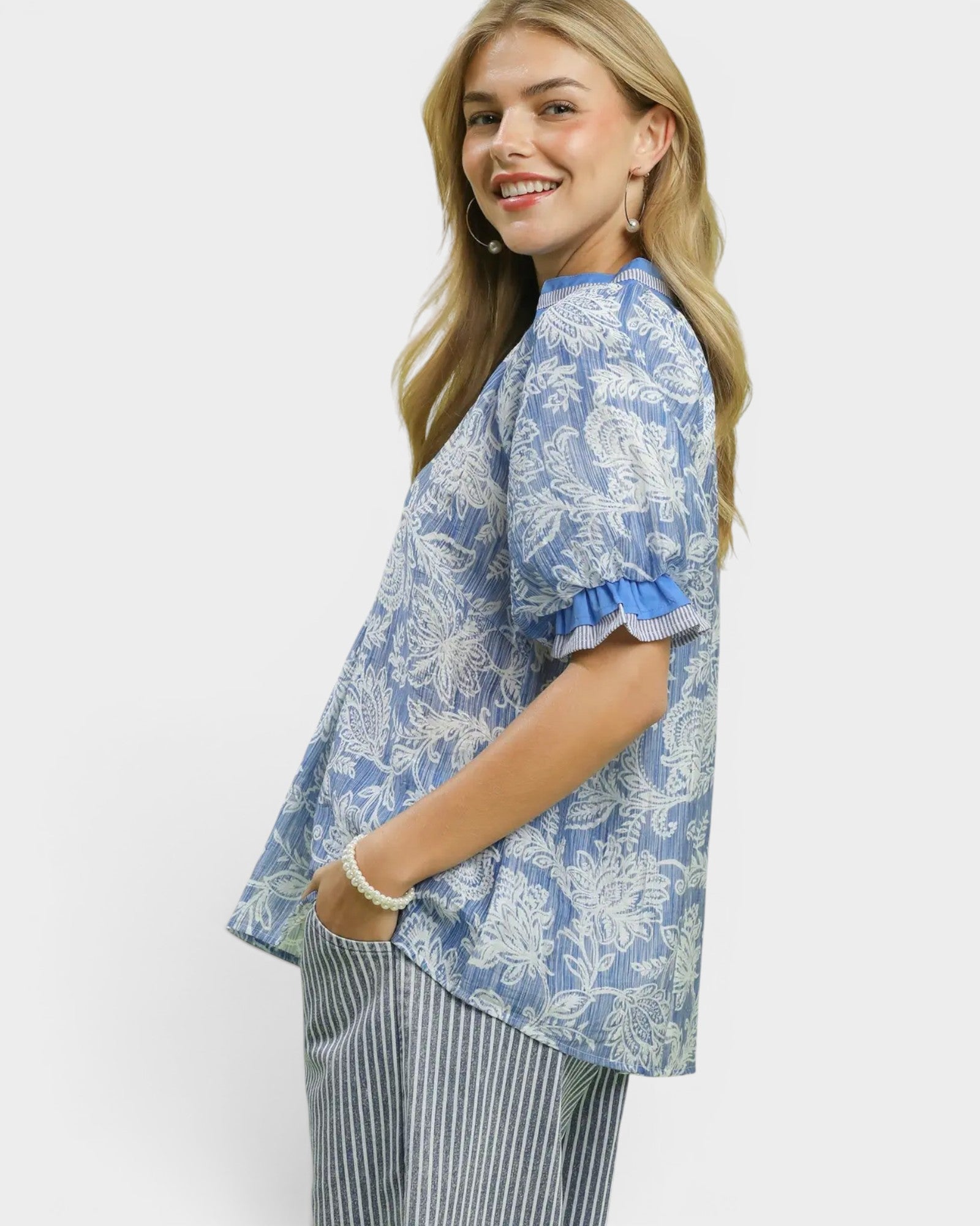Dusty Blue Floral Puff Sleeve Blouse