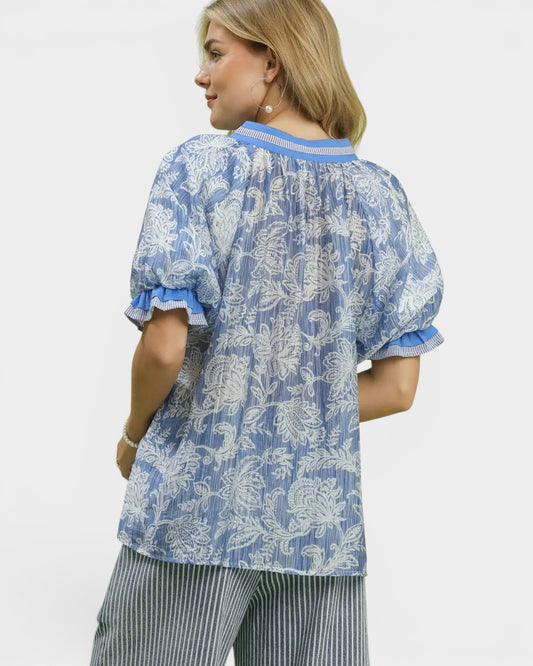 Dusty Blue Floral Puff Sleeve Blouse