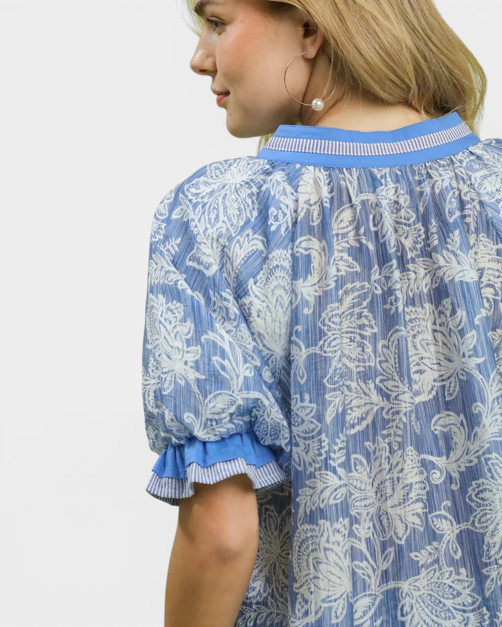 Dusty Blue Floral Puff Sleeve Blouse