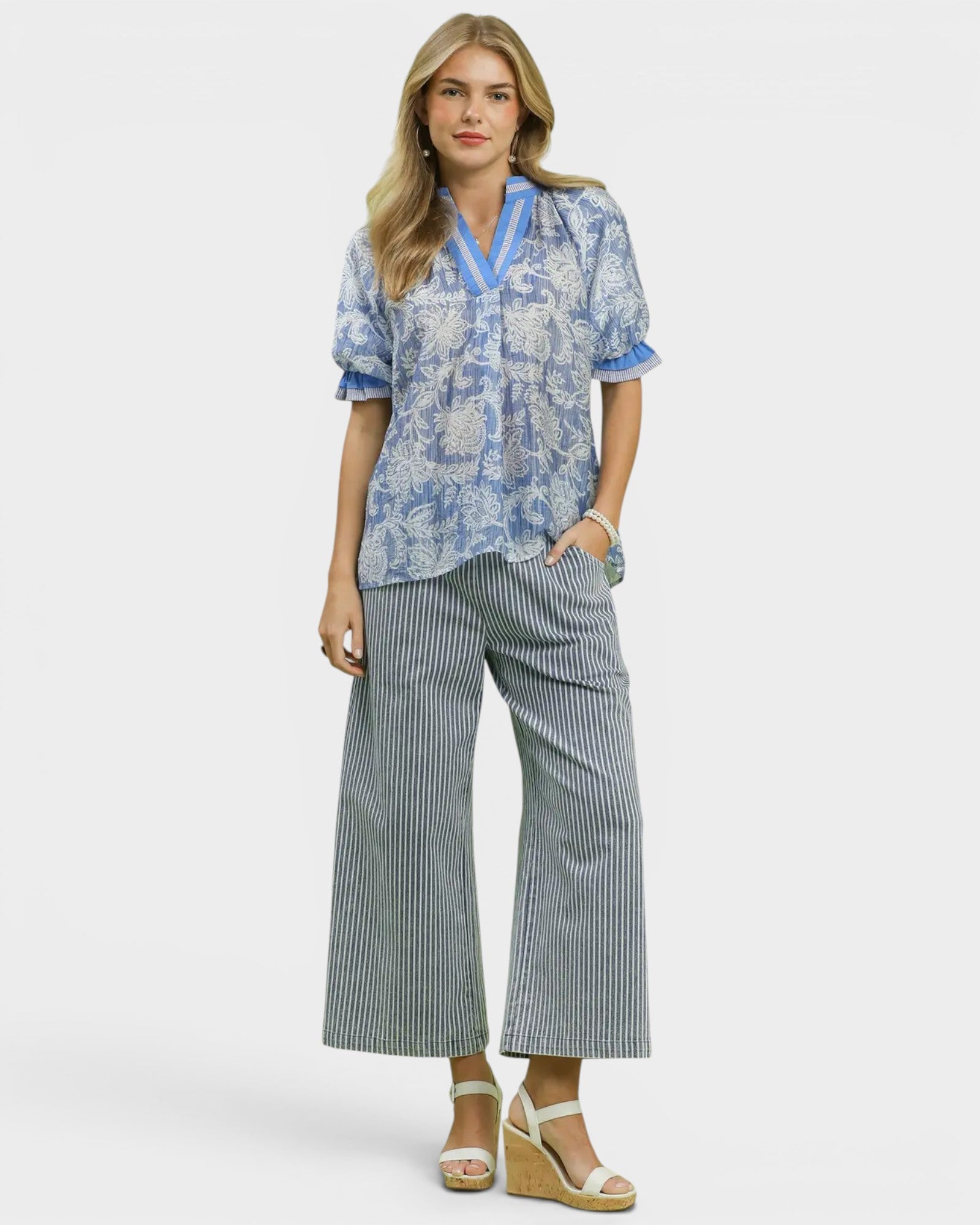 Dusty Blue Floral Puff Sleeve Blouse