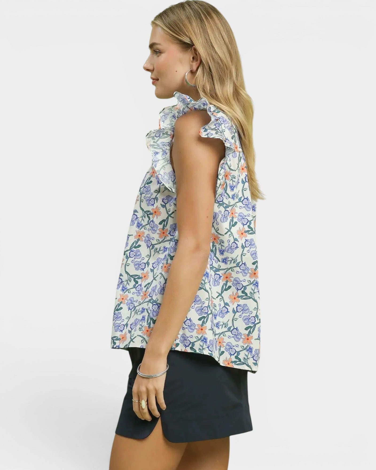 Blue Floral Ruffle Sleeve Blouse
