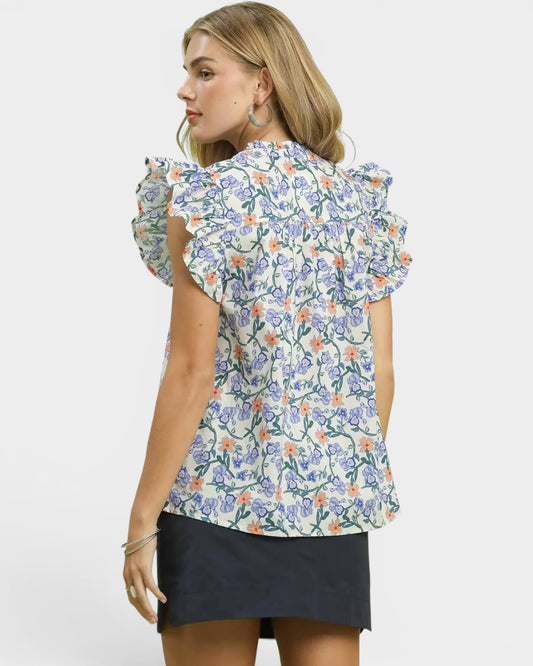 Blue Floral Ruffle Sleeve Blouse
