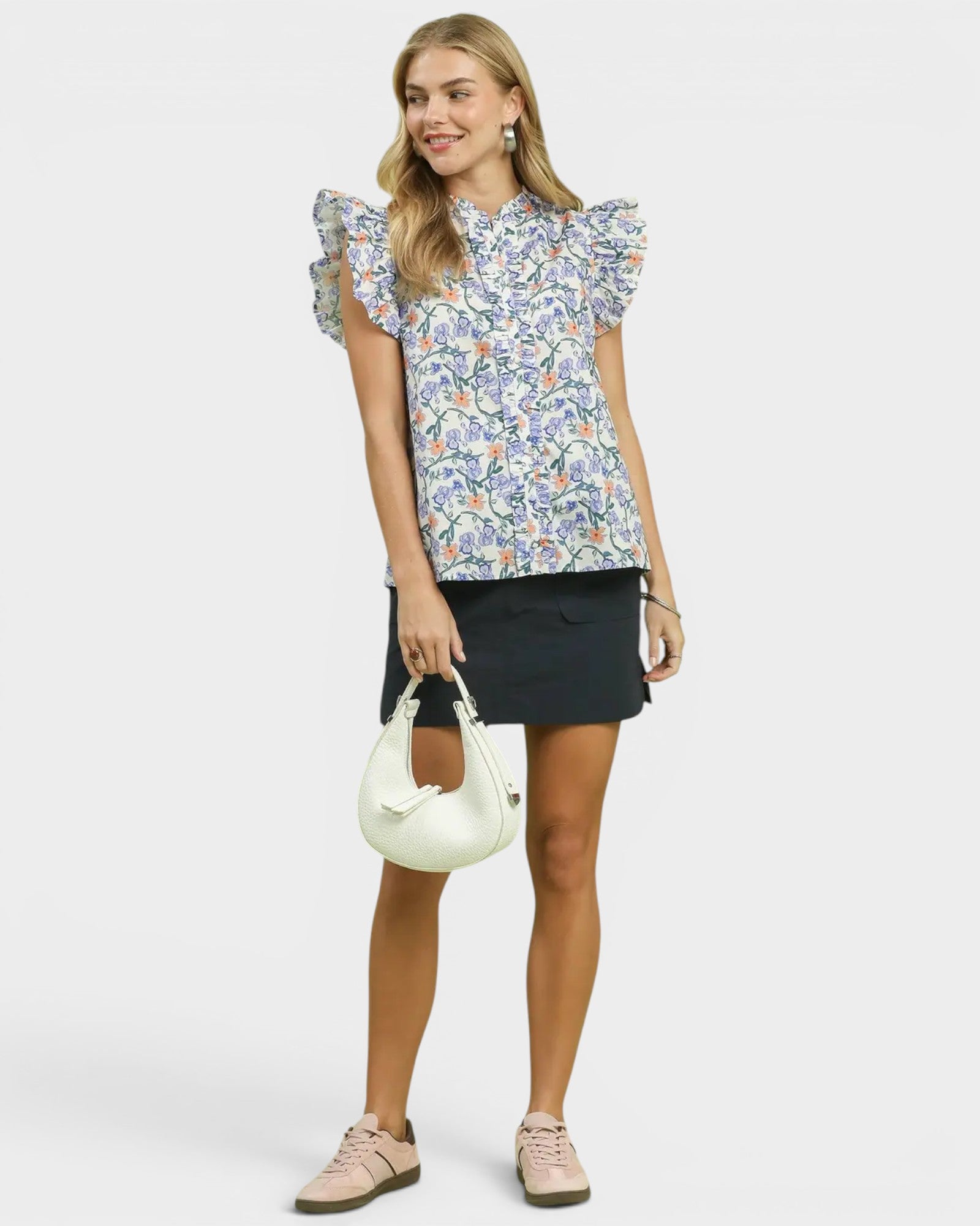 Blue Floral Ruffle Sleeve Blouse