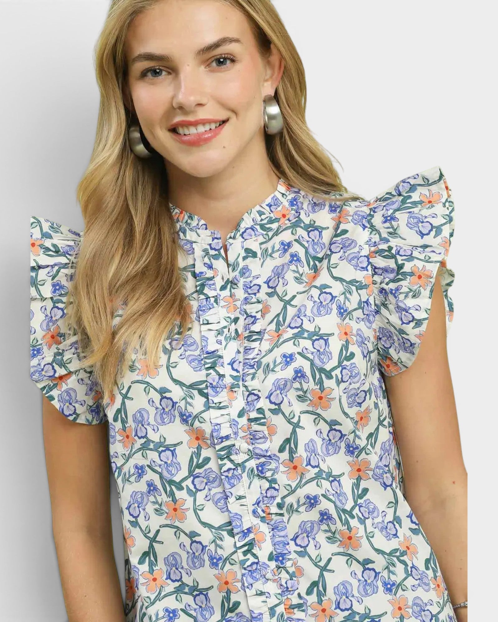 Blue Floral Ruffle Sleeve Blouse