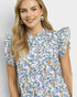 Blue Floral Ruffle Sleeve Blouse