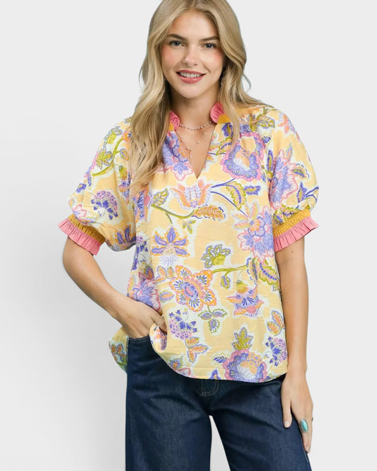 Sunwashed Yellow Multi Floral Ruffle Blouse