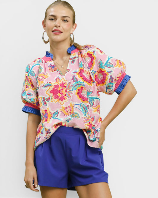 Blush Pink Multi Floral Ruffle Blouse
