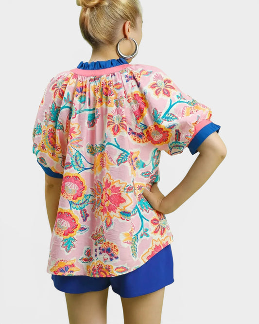 Blush Pink Multi Floral Ruffle Blouse