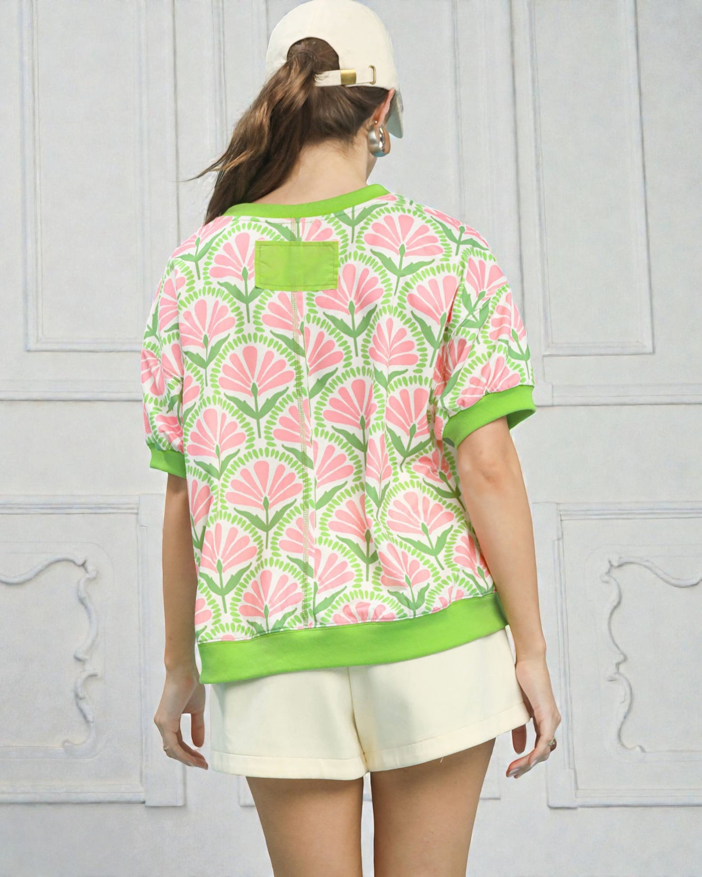 Green & Pink Floral Short Sleeve Sweatshirt