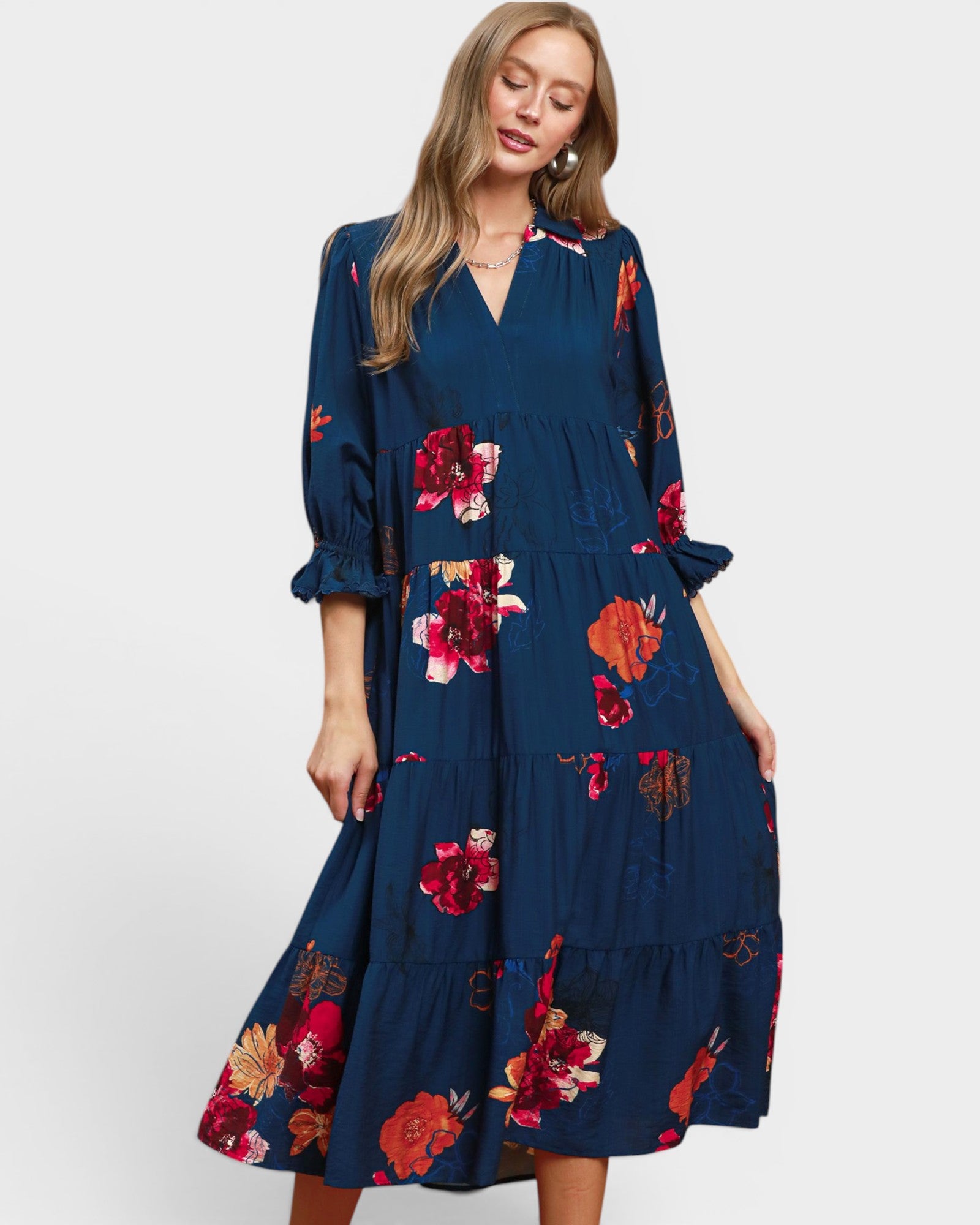 Navy Floral Tiered Midi Dress