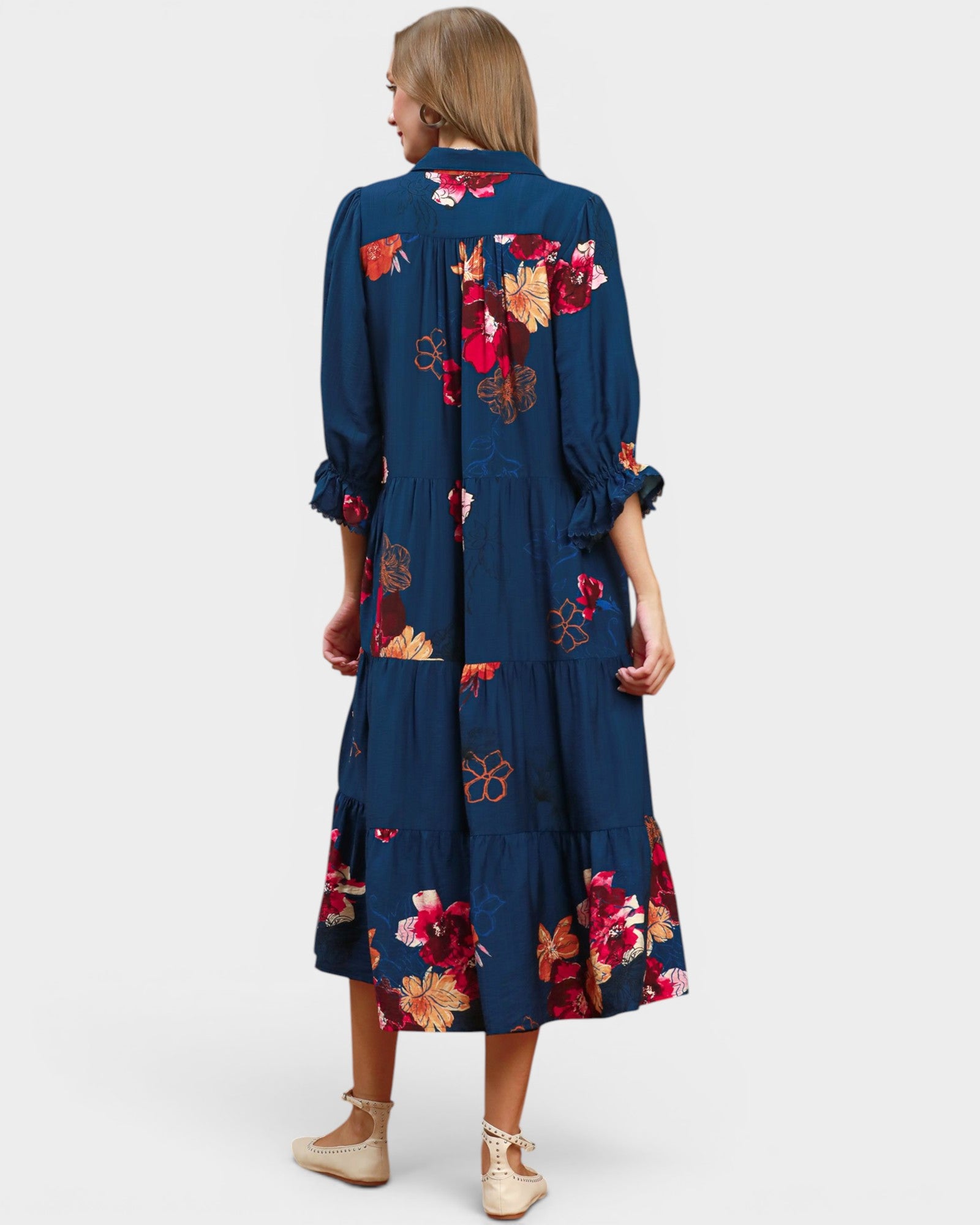 Navy Floral Tiered Midi Dress