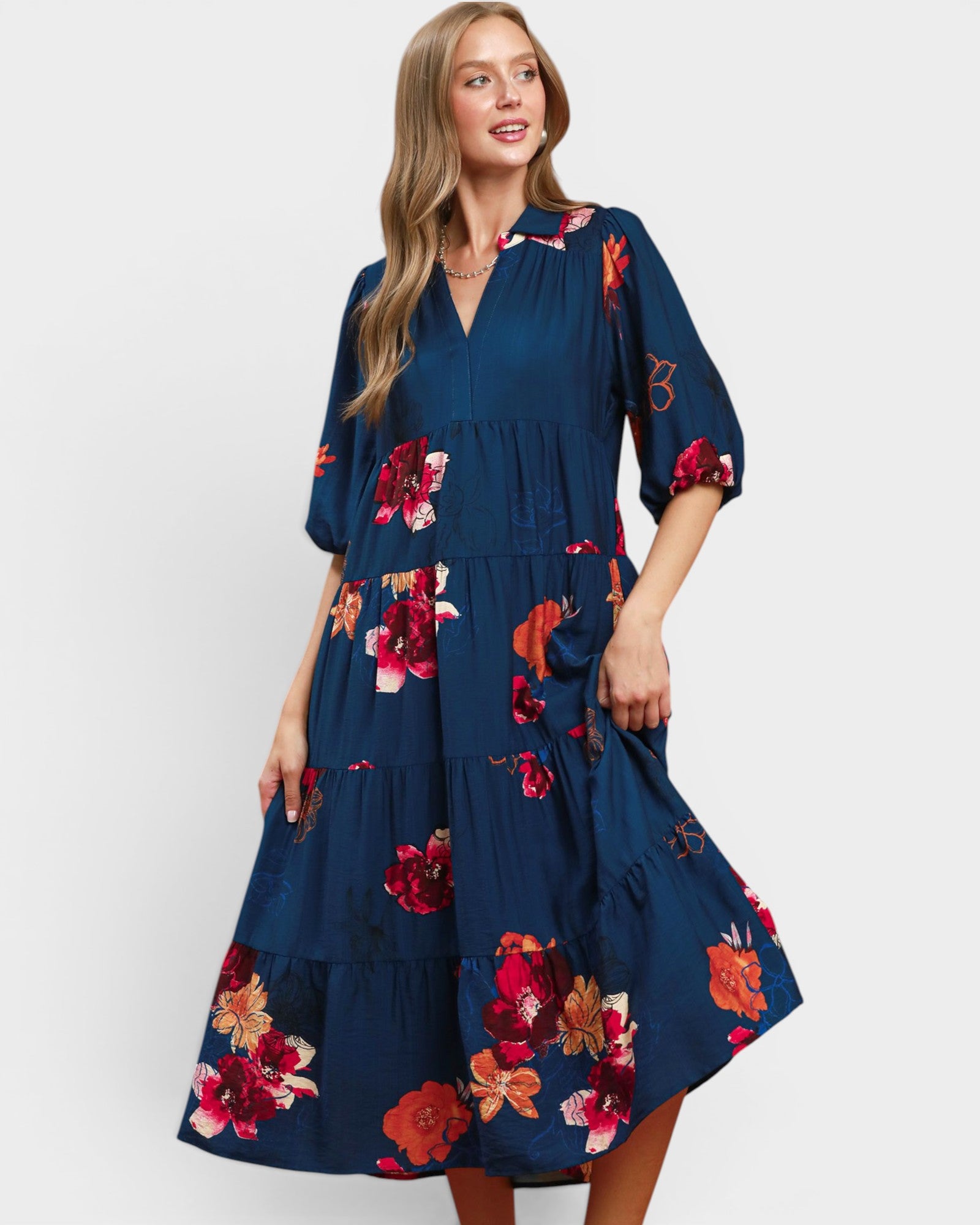 Navy Floral Tiered Midi Dress