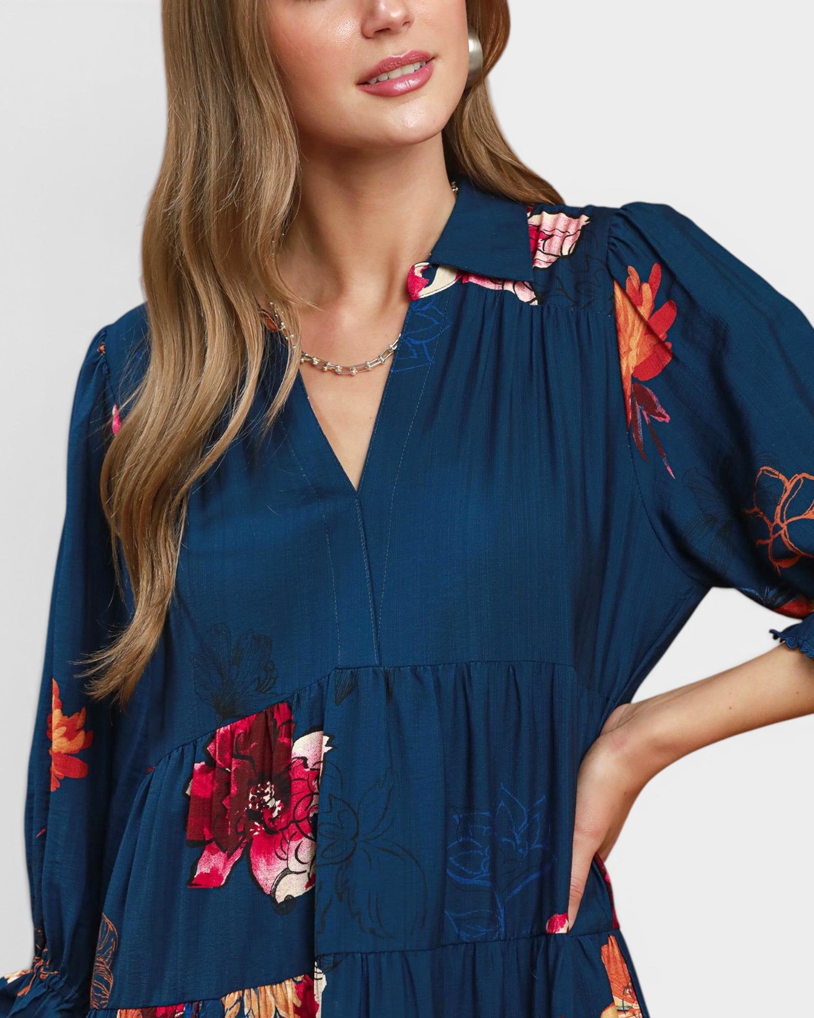 Navy Floral Tiered Midi Dress