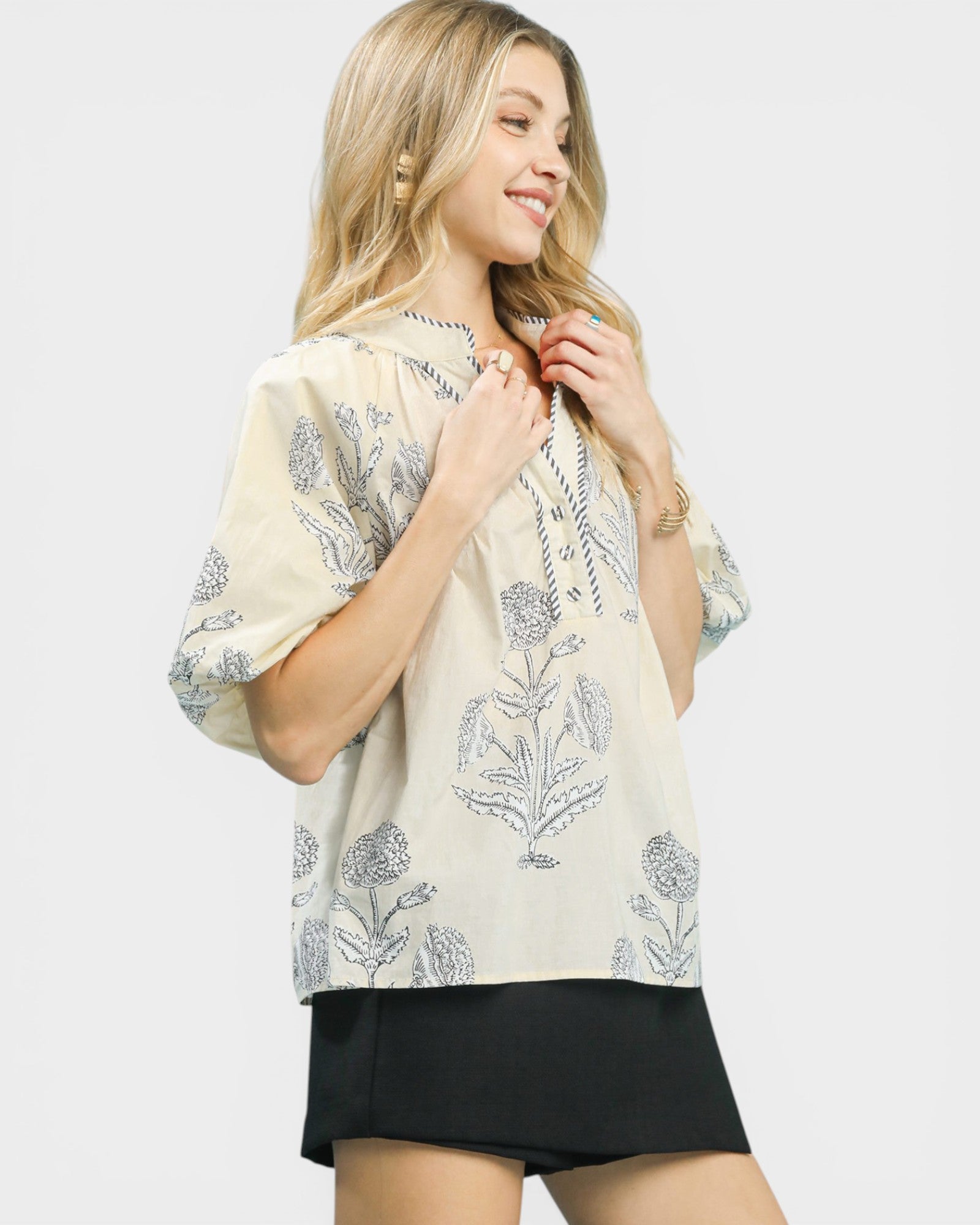 Cream & Gray Floral Split Neck Blouse