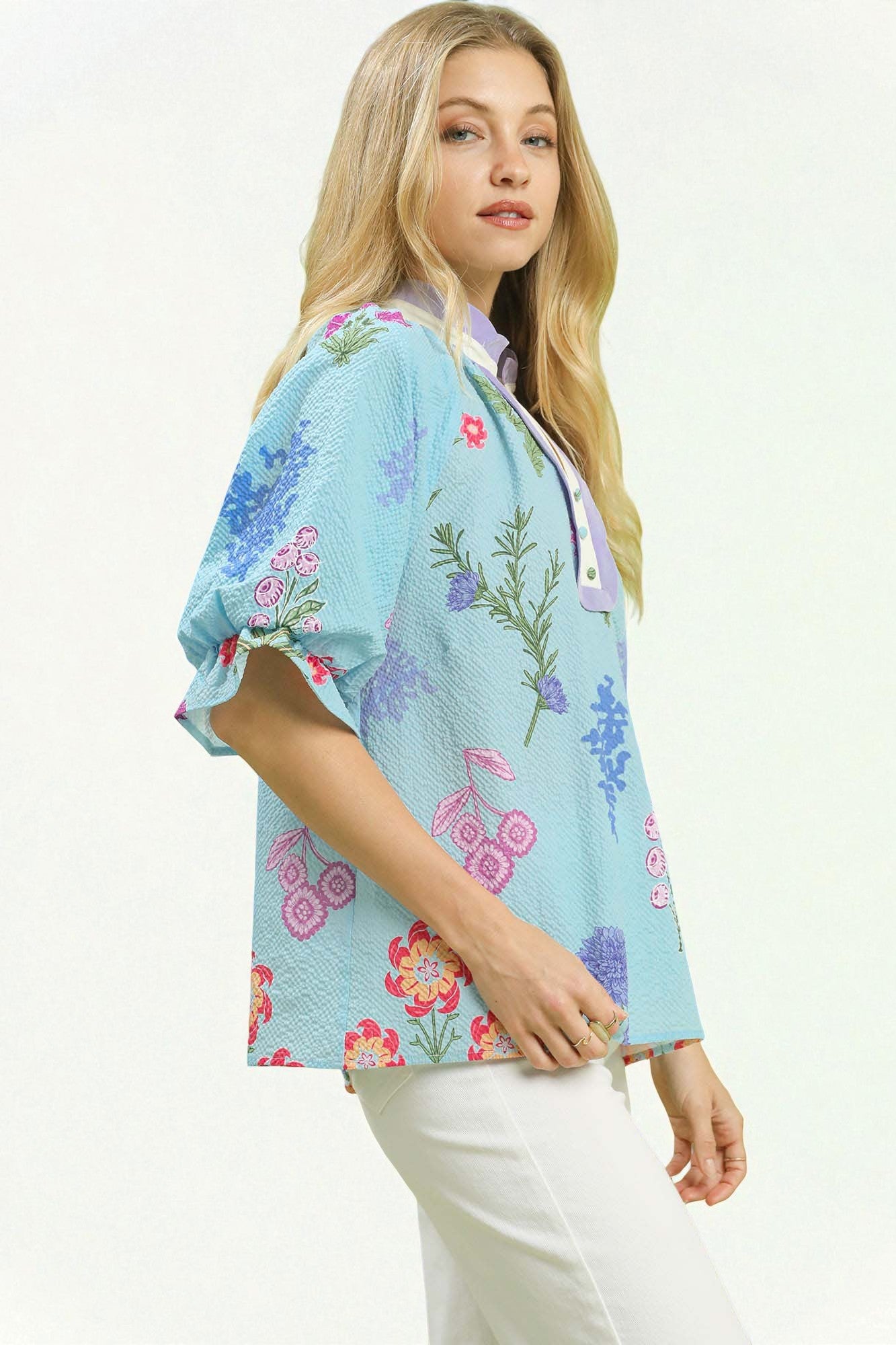 Sky Blue Floral Scallop Trim Blouse