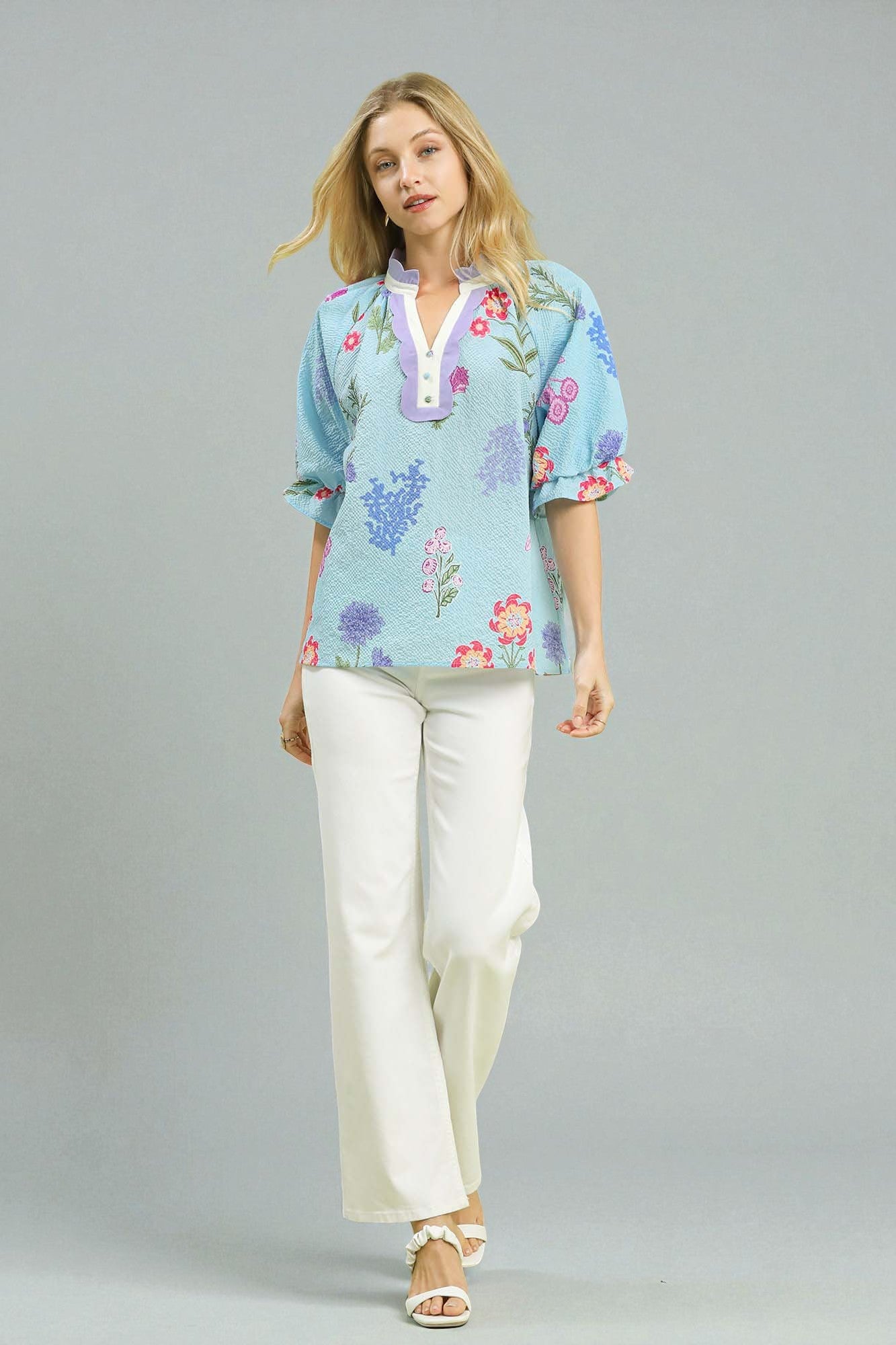 Sky Blue Floral Scallop Trim Blouse