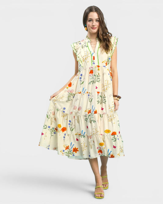 Woman wearing a floral dress on a white background