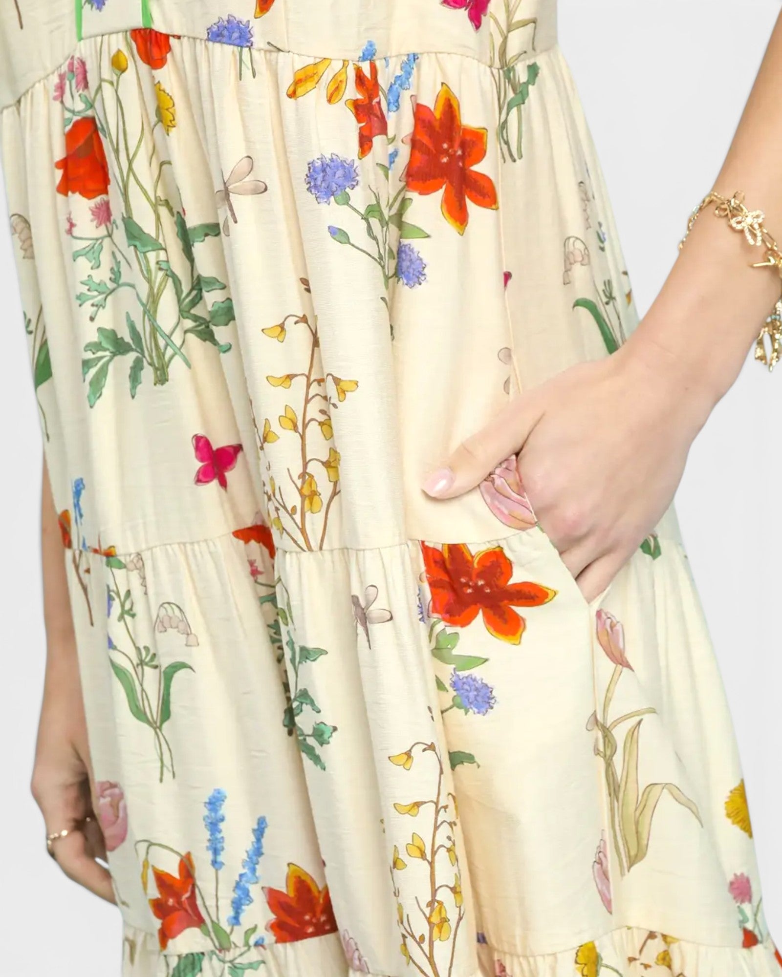 Close-up of a person wearing a floral dress with colorful flowers on a plain background