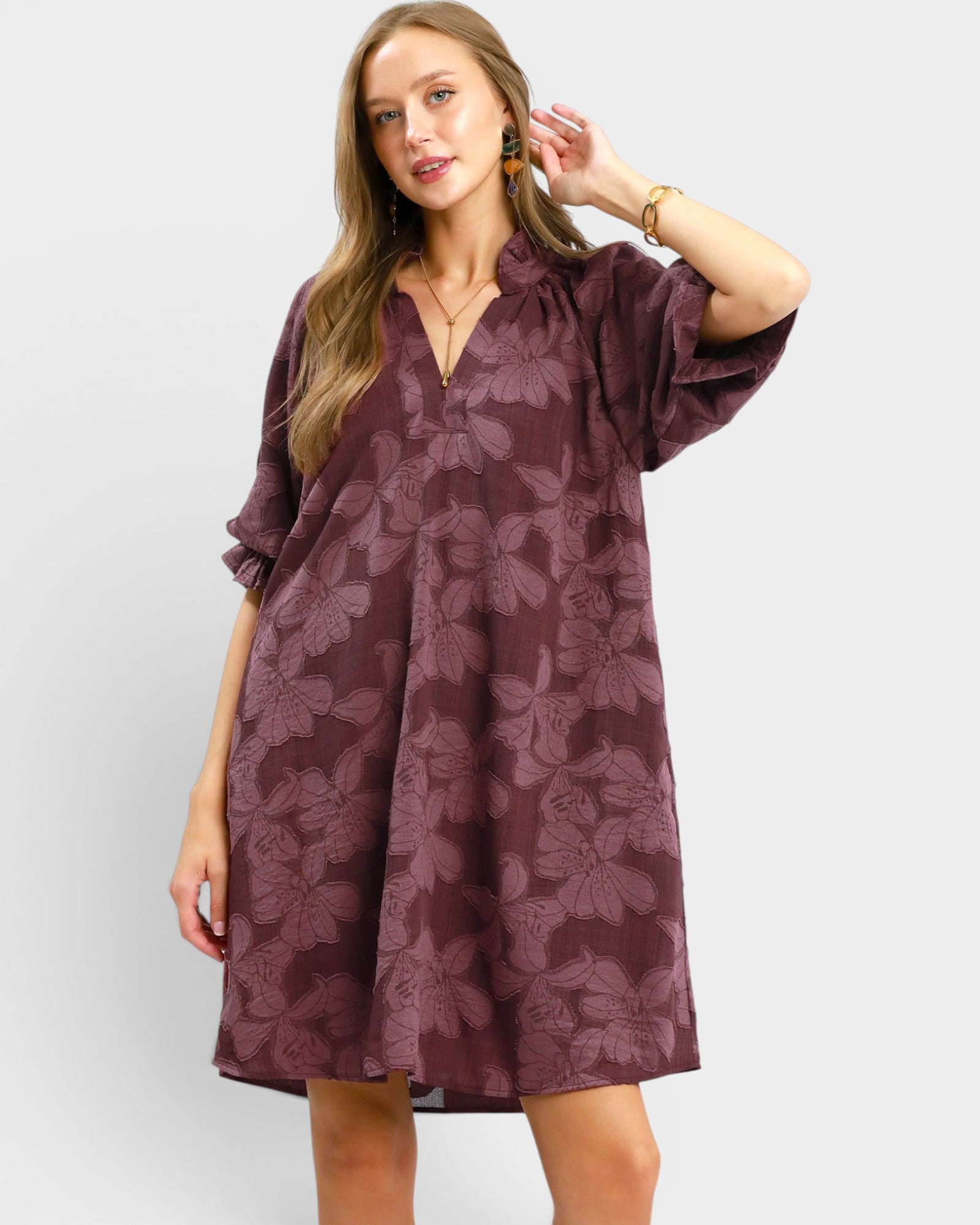 Maroon Floral Jacquard Mini Dress
