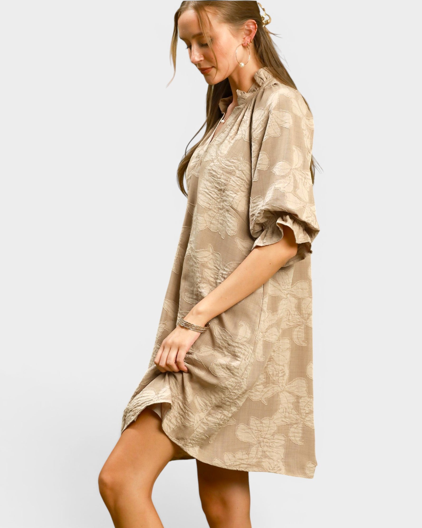 Taupe Floral Jacquard Mini Dress
