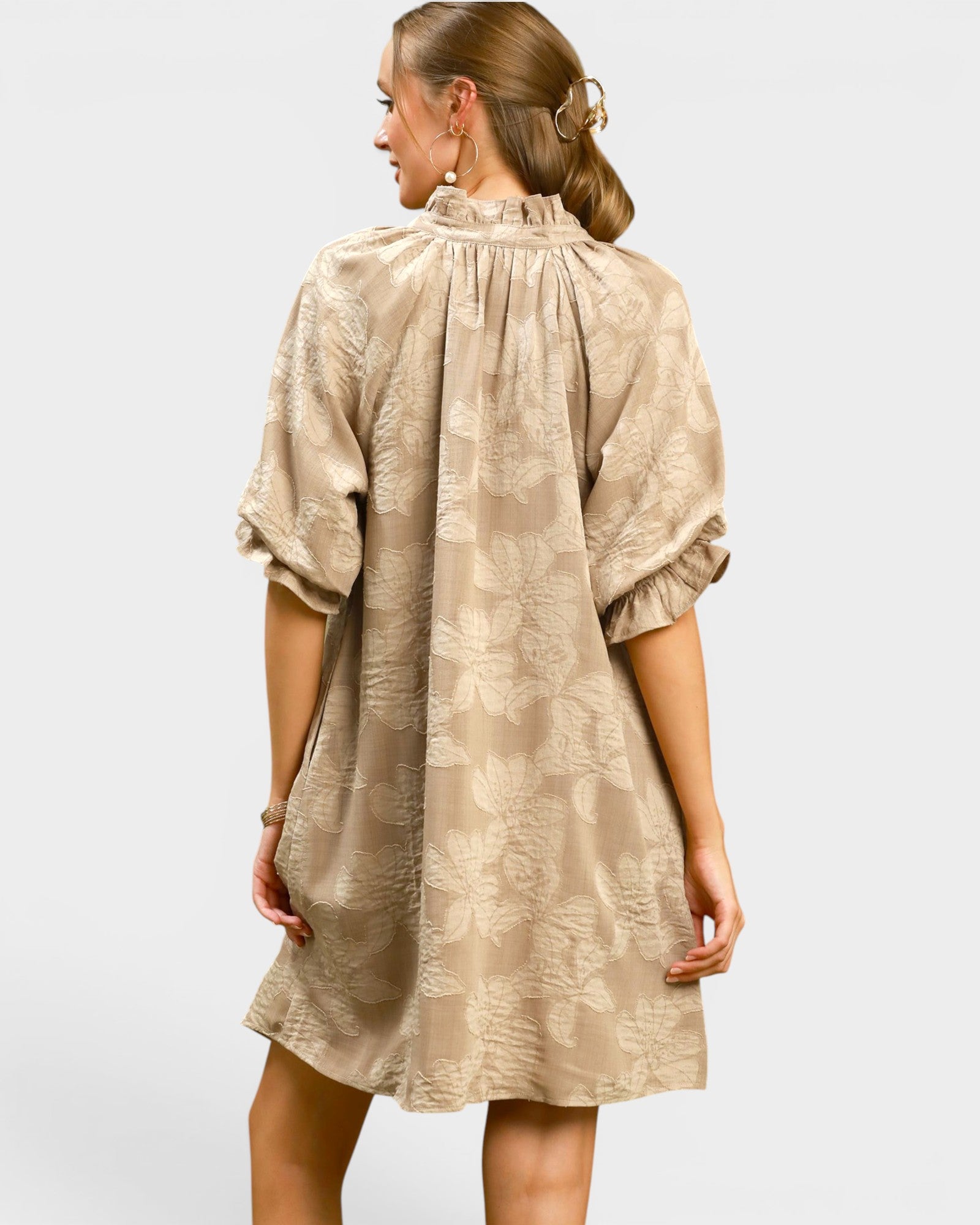 Taupe Floral Jacquard Mini Dress