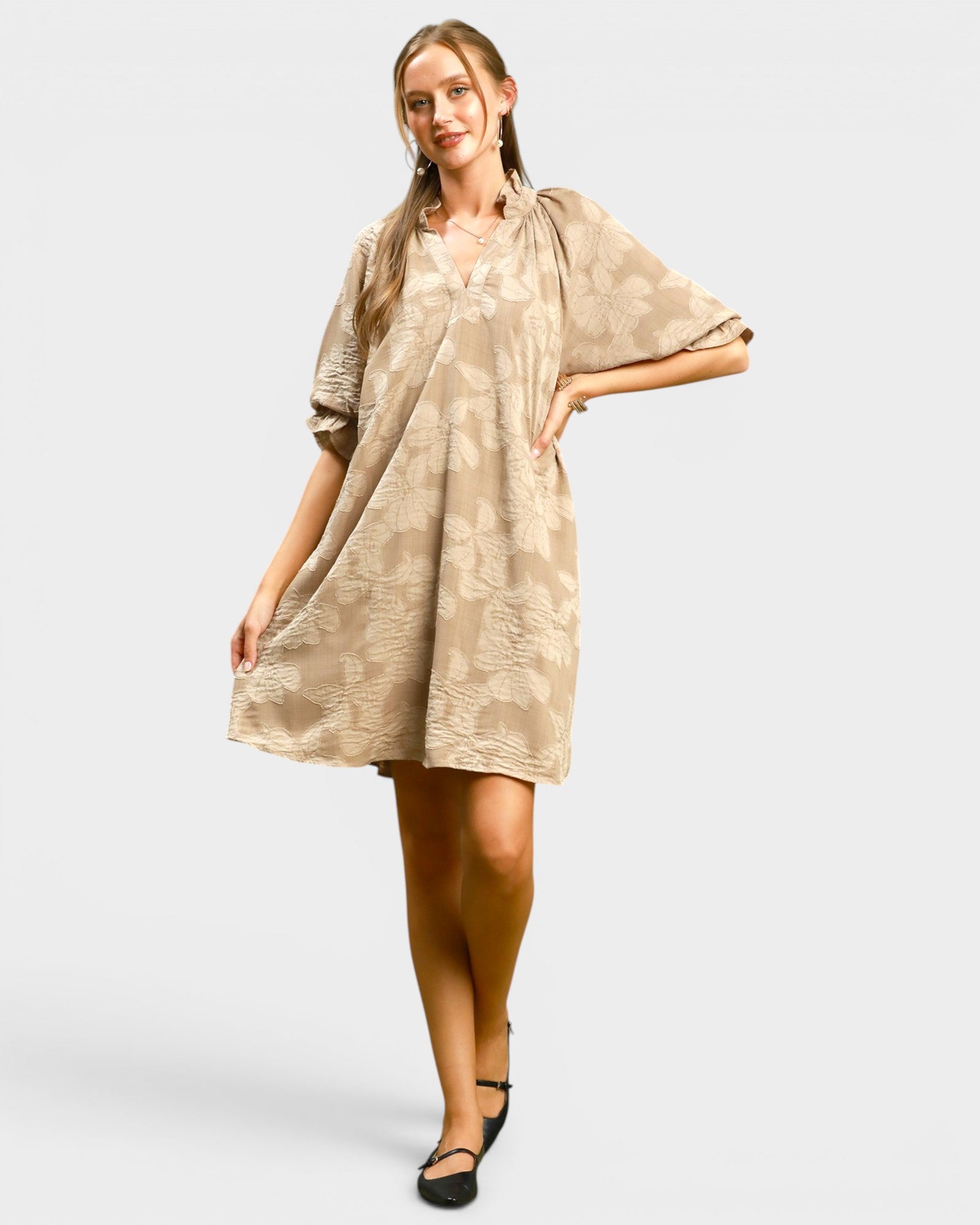 Taupe Floral Jacquard Mini Dress
