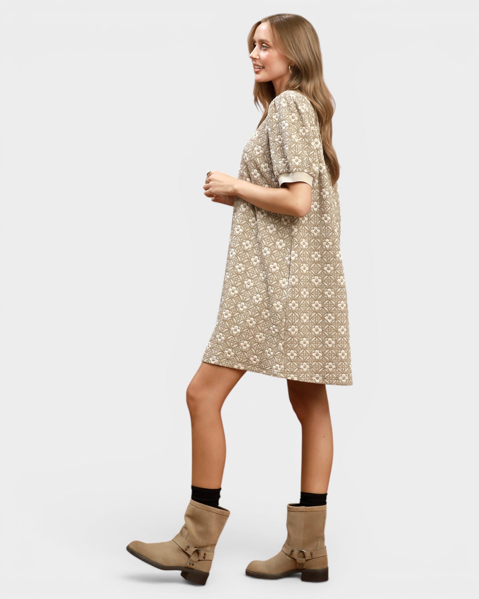 Taupe Floral Puff Sleeve Mini Dress