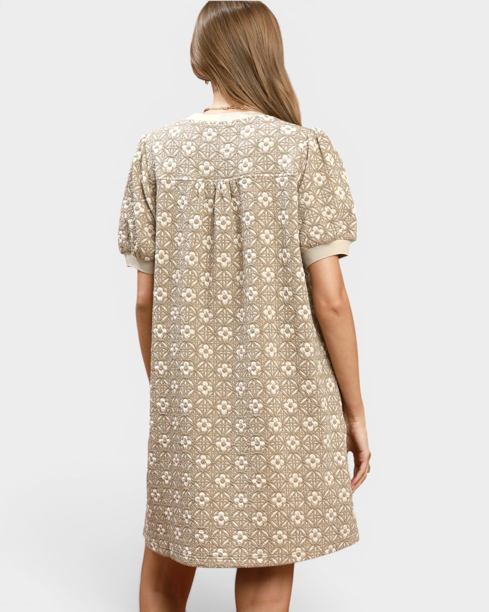 Taupe Floral Puff Sleeve Mini Dress