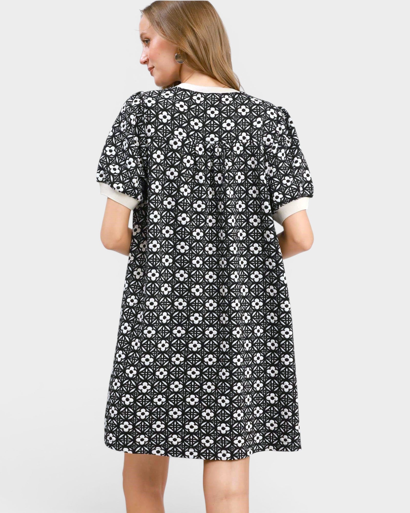 Black Floral Puff Sleeve Mini Dress