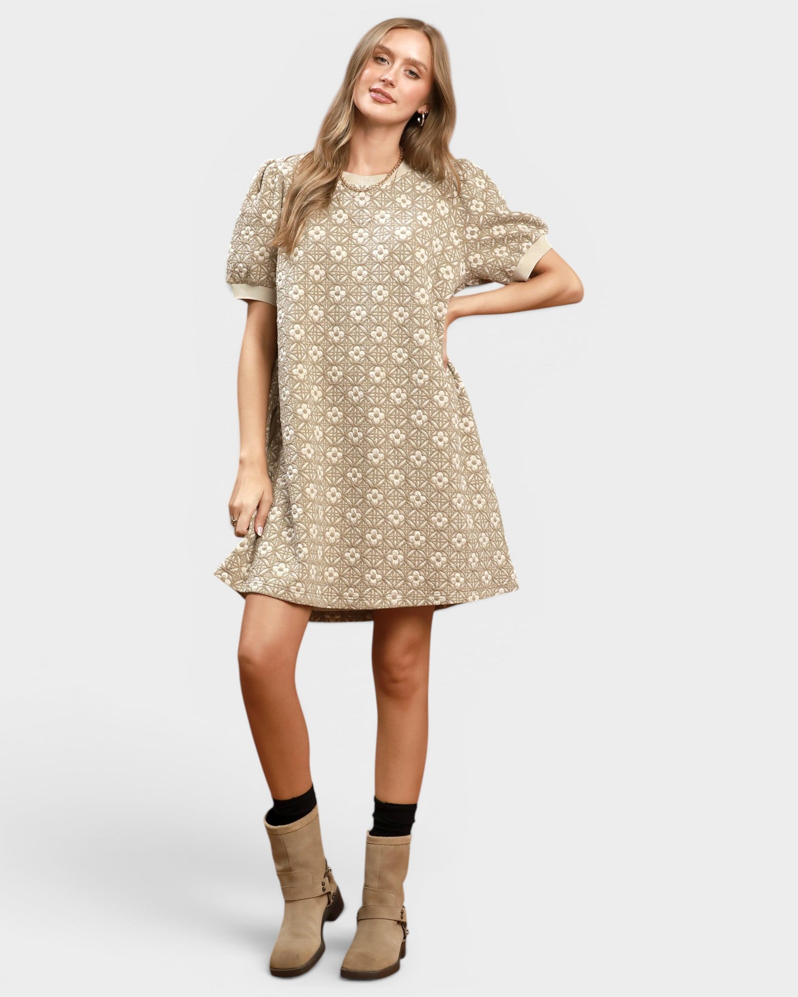 Taupe Floral Puff Sleeve Mini Dress