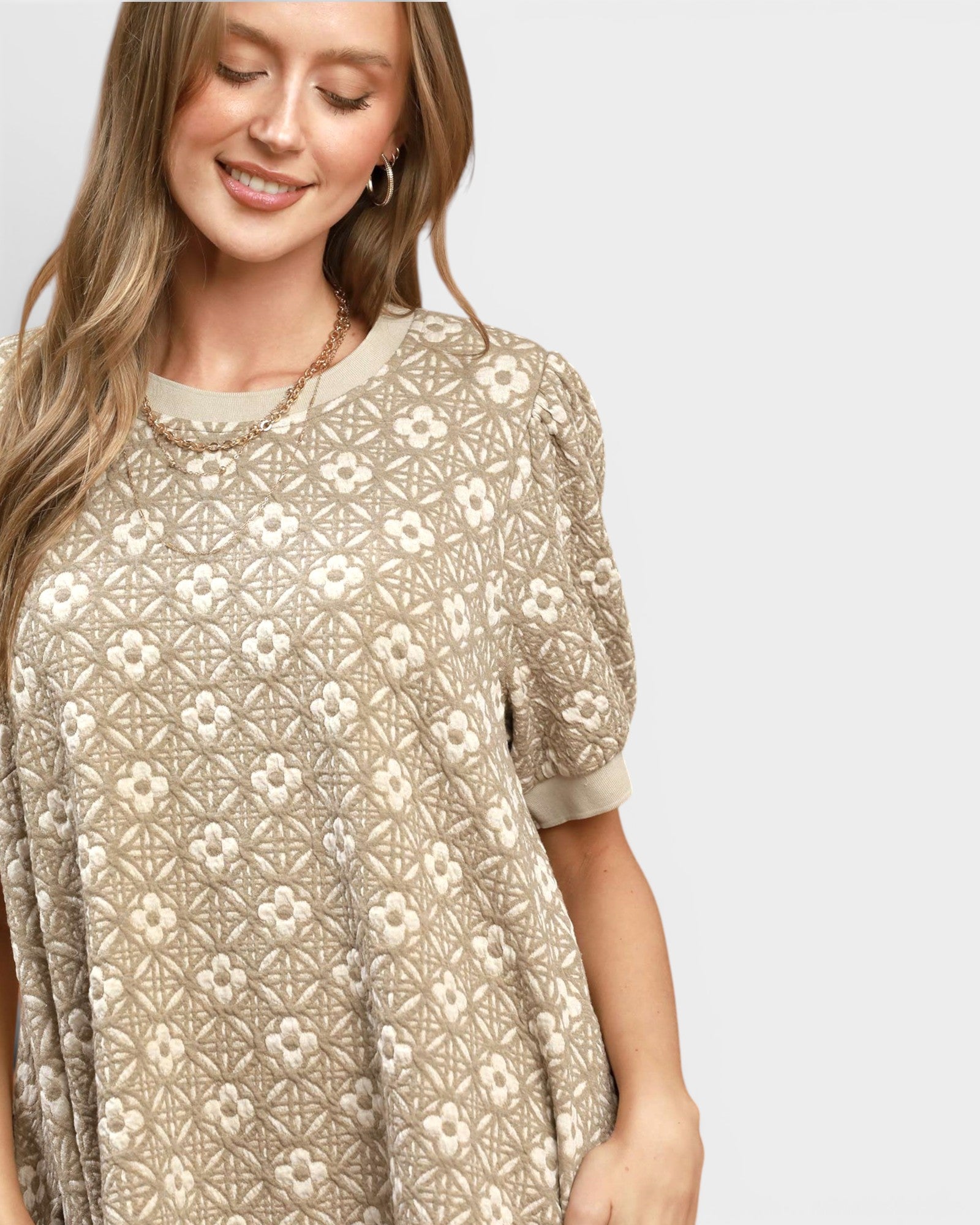 Taupe Floral Puff Sleeve Mini Dress