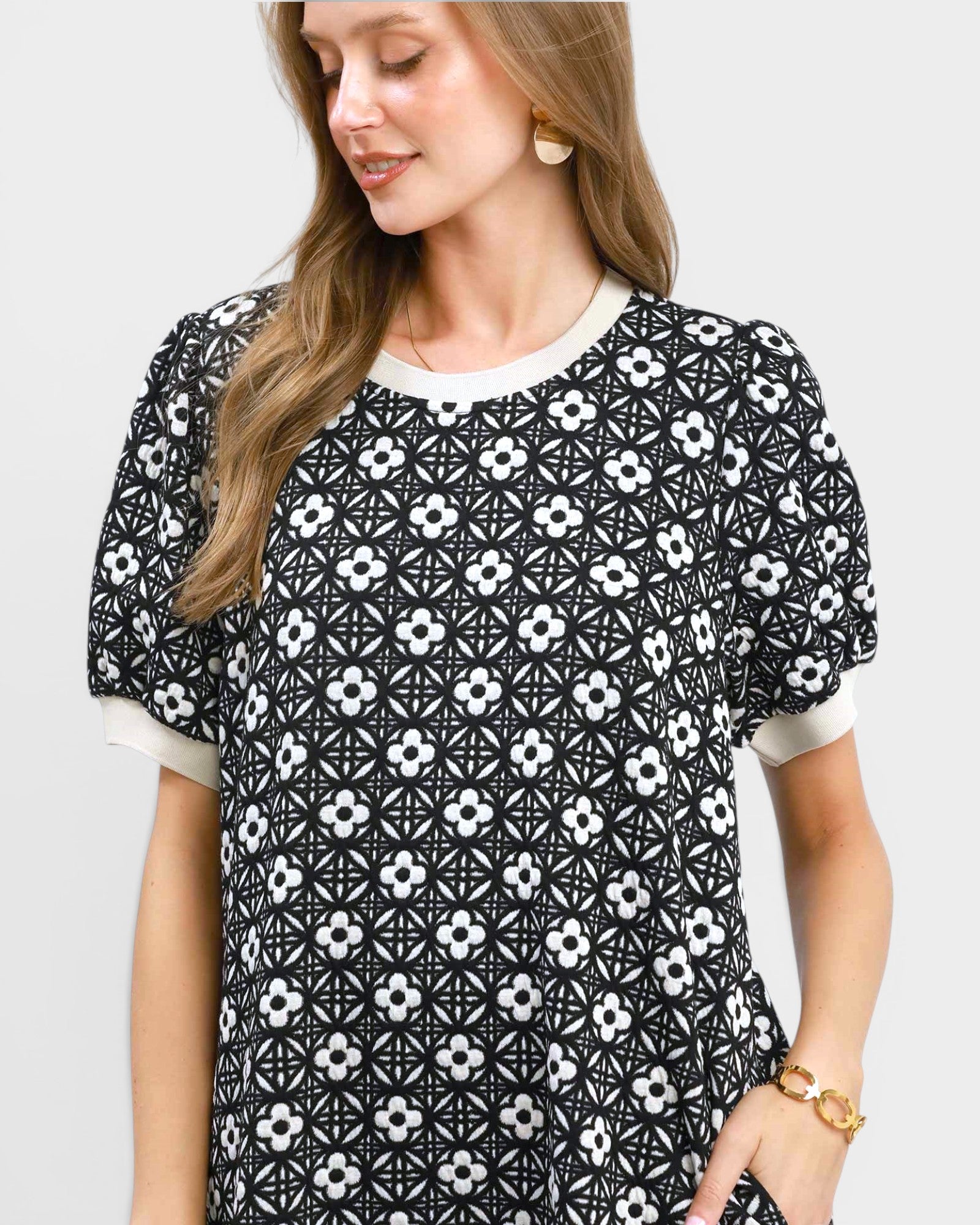 Black Floral Puff Sleeve Mini Dress