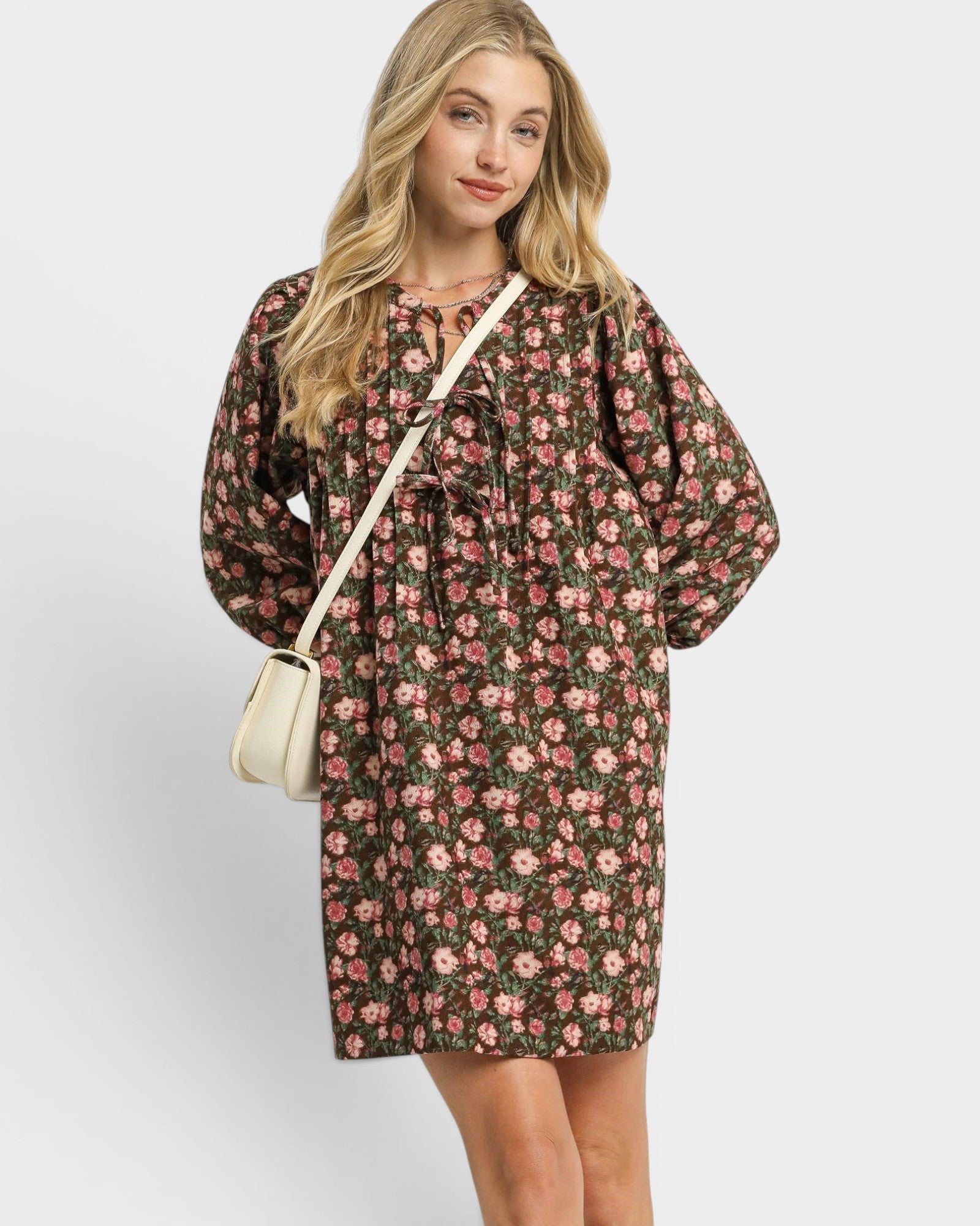 Olive Floral Tie Neck Mini Dress