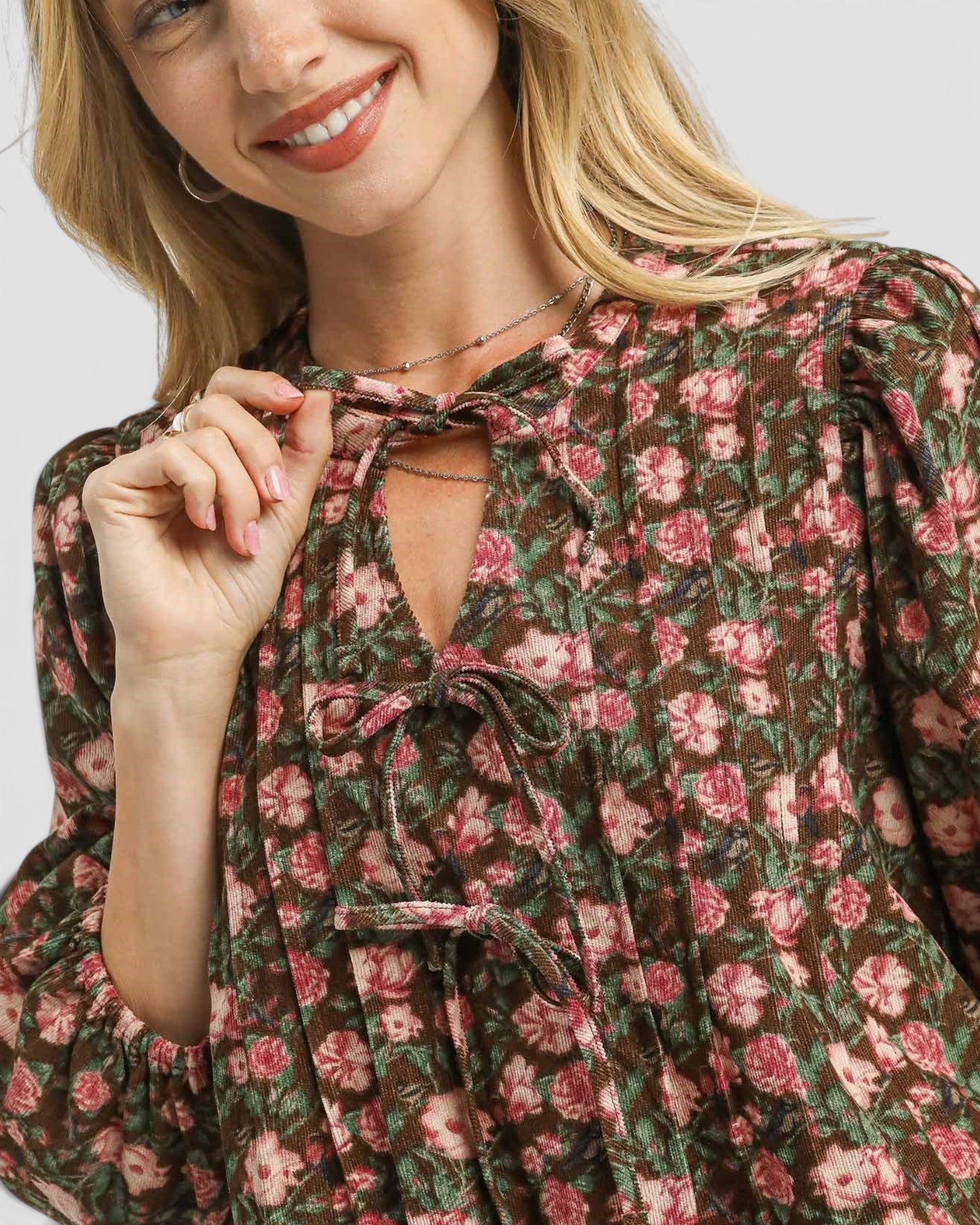 Olive Floral Tie Neck Mini Dress