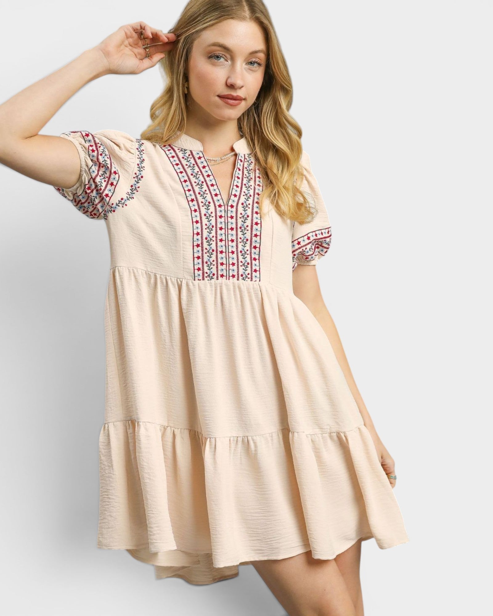 Sand Beige Embroidered Mini Dress