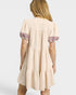 Beige dress with embroidered sleeves on a white background